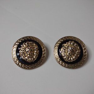 Gold Tone And Black Round Lions Head Earrings